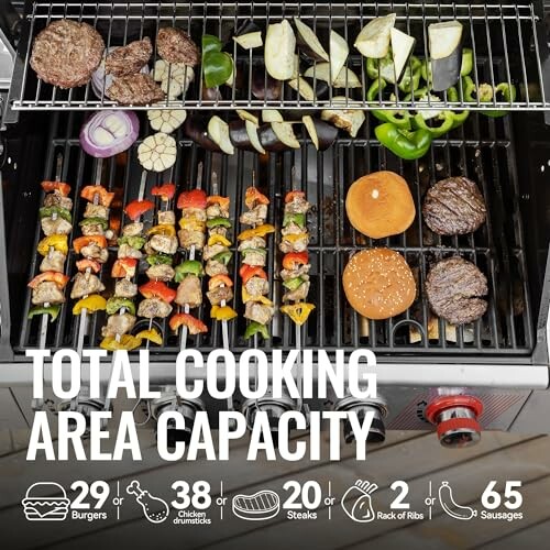 Grill with assorted foods showing cooking area capacity.