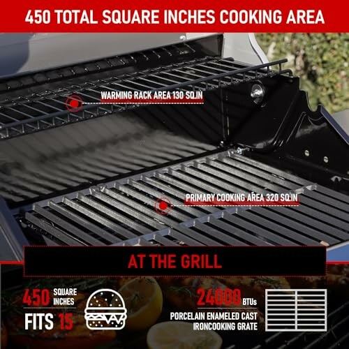 Grill showing 450 sq. in. total cooking area with 130 sq. in. warming rack and 320 sq. in. primary area.