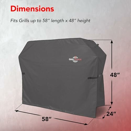 Grill cover with dimensions 58 inches length by 48 inches height.