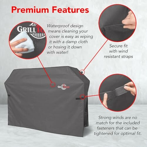 Grill cover with waterproof design, secure fit, and wind-resistant straps.