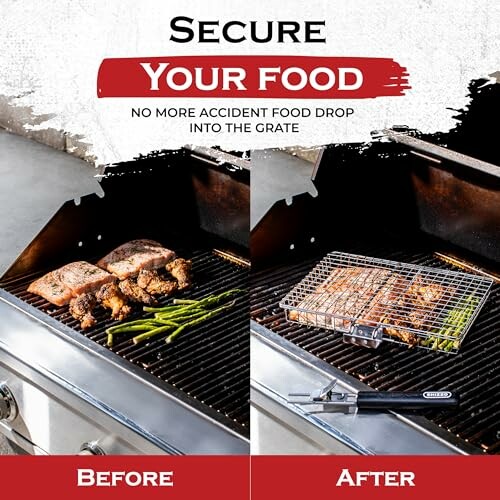 Comparison of grilling food before and after using a grill basket for secure cooking.