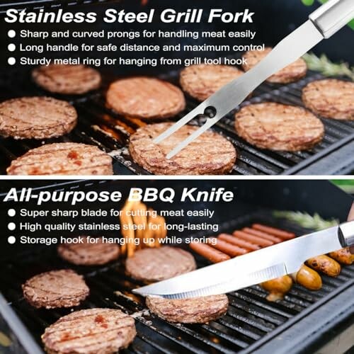 Stainless steel grill fork and all-purpose BBQ knife over grilling burgers and sausages.