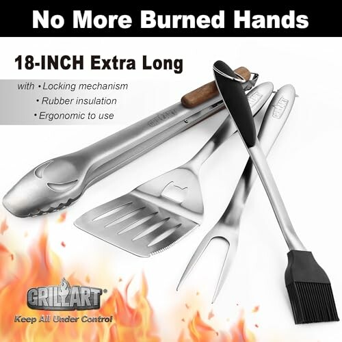 18-inch extra long grill tools with rubber insulation and ergonomic design