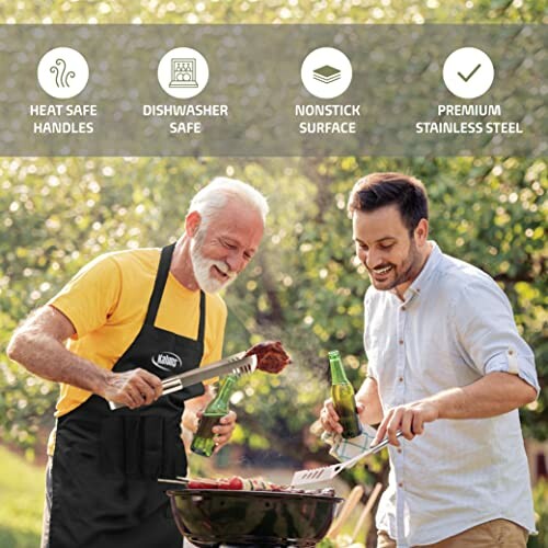 Two men grilling with BBQ tools featuring heat safe handles and nonstick surface.