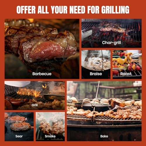 Collage of various grilling techniques including barbecue, char-grill, braise, roast, grill, sear, smoke, and bake.