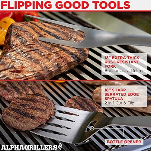 Grilling tools with steak and burger on a grill.