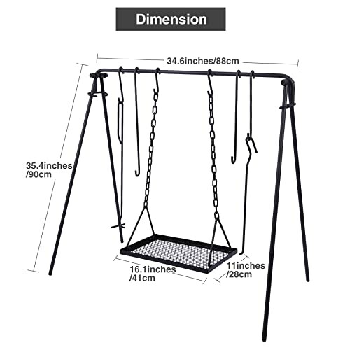 Heavy-duty metal swing with dimensions labeled.