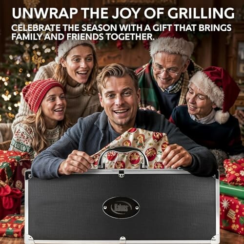 Family gathered around a man holding a wrapped gift, celebrating the joy of grilling.