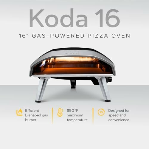 Koda 16 gas-powered pizza oven with features listed.