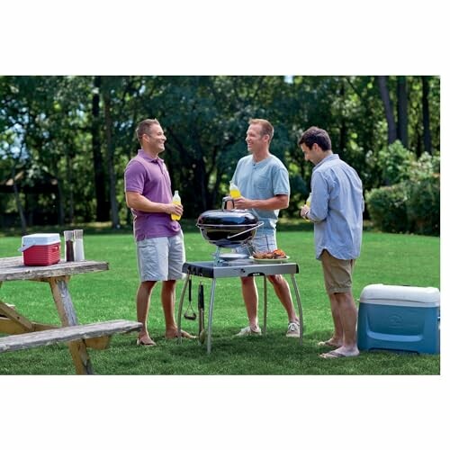 Three men standing by a grill in a park setting.