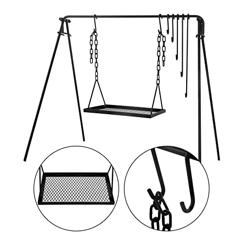 Metal swing stand with hooks and chain details.