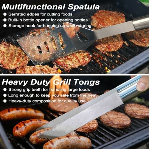 Multifunctional spatula and heavy duty grill tongs with burgers and sausages on a grill.