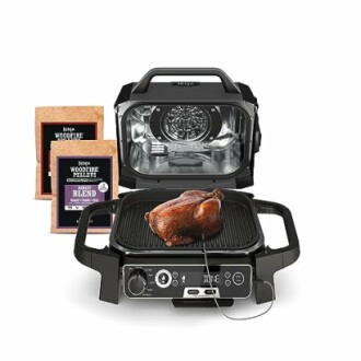 Ninja grill and oven with woodfire pellets and roasted chicken