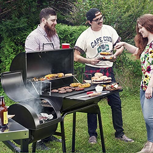 Friends enjoying a barbecue in a backyard with food on the grill.