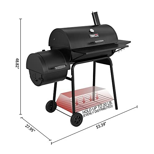 Black outdoor BBQ smoker grill with dimensions and weight capacity.