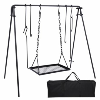 Portable outdoor campfire cooking rack with chains and hooks.