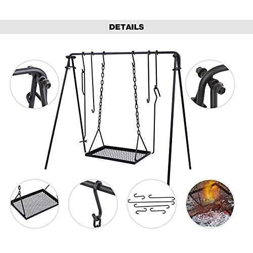 Outdoor campfire cooking tripod with swing grill and hooks