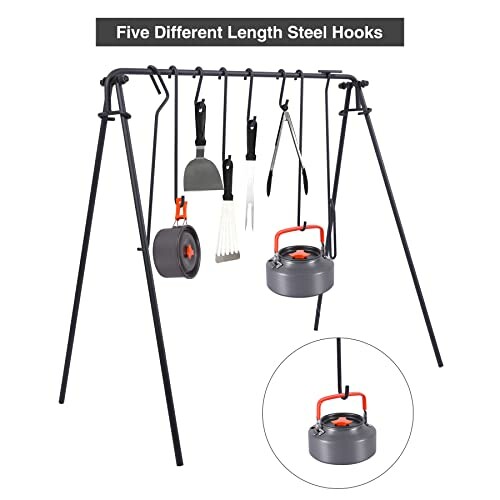 Outdoor camping cookware set with steel hooks and hanging pots.