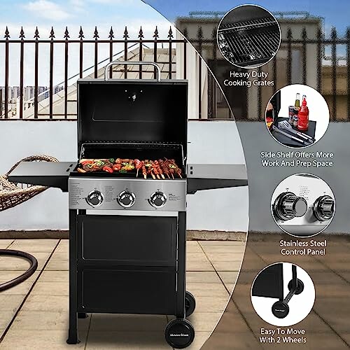 Outdoor gas grill with cooking food and labeled features.