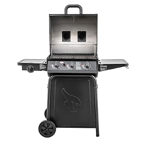 Outdoor gas grill with open lid and side shelves