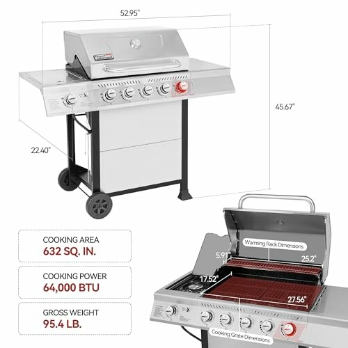 Outdoor gas grill with dimensions and features labeled.