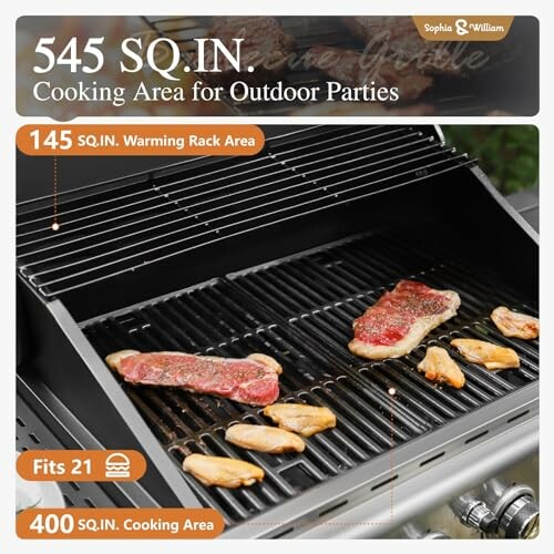 Outdoor grill with meat cooking, featuring 545 square inches total area.