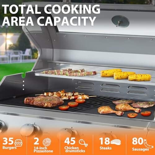 Outdoor grill showing cooking capacity with various meats and vegetables.