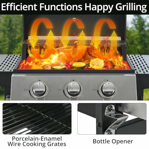 Outdoor grill with flames, cooking grates, and bottle opener.