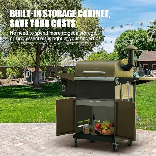 Outdoor grill with built-in storage cabinet in a backyard setting.