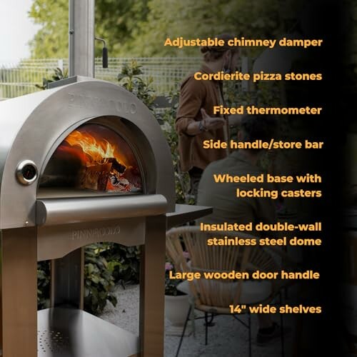 Outdoor pizza oven with chimney, thermometer, and storage.