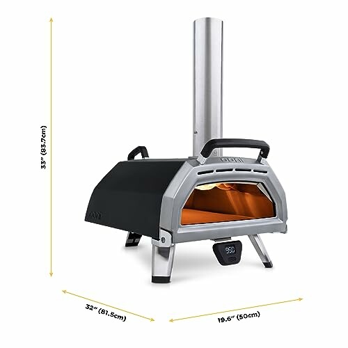 Compact outdoor pizza oven with chimney and temperature gauge.