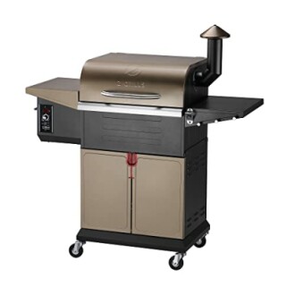 Pellet grill smoker with side shelves and storage cabinet