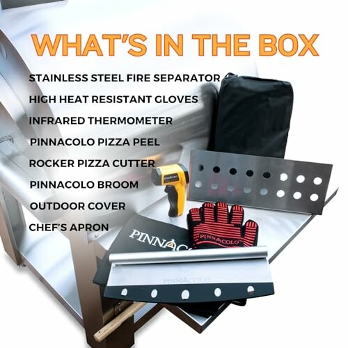 Pinnacolo pizza oven accessories including gloves, thermometer, and tools.