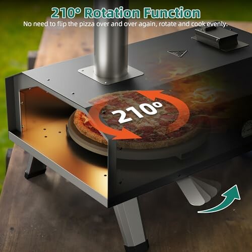 Pizza oven showcasing 210-degree rotation function with pizza inside.