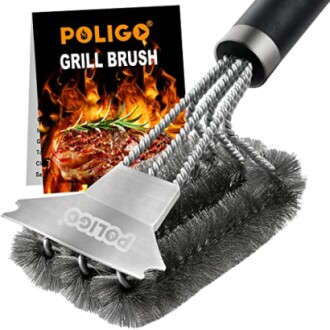 Poligo grill brush with stainless steel bristles and packaging.