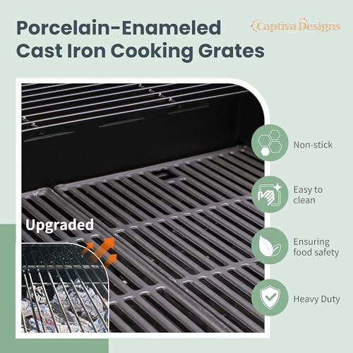 Porcelain-enameled cast iron cooking grates with non-stick, easy to clean, food safety, and heavy-duty features.