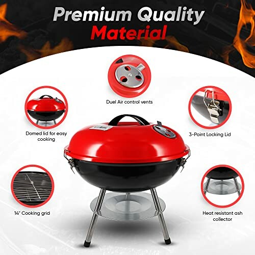 Features of a red portable charcoal grill with domed lid and air vents.