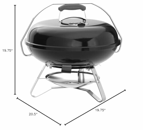 Portable charcoal grill with dimensions labeled