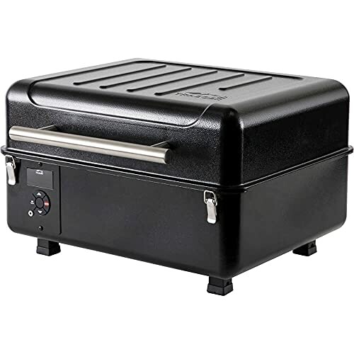 Portable electric grill with a sleek black design.