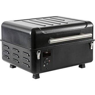 A compact black portable electric smoker with a handle and control panel.