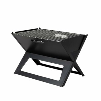 Portable folding grill with a sleek black design.