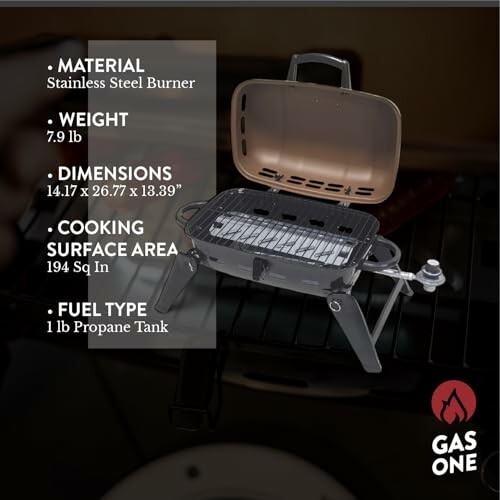 Portable gas grill with stainless steel burner and specifications listed.