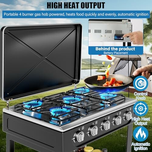 Portable 4-burner gas stove with high heat output and automatic ignition.