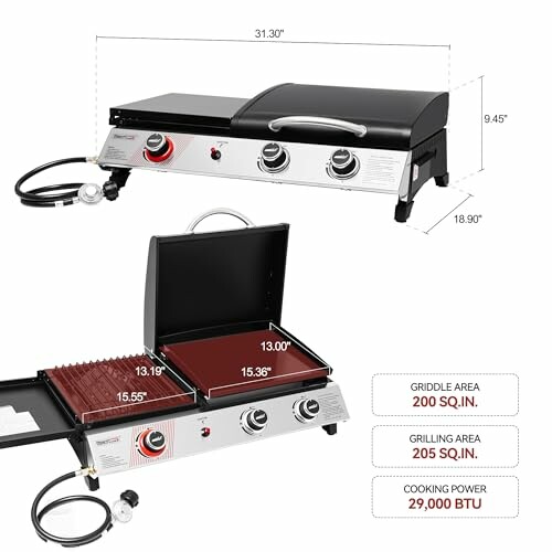 Portable grill with lid open and closed, showing dimensions and features.