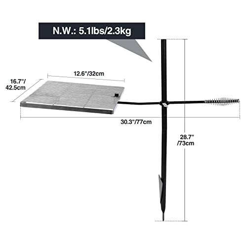 Diagram showing dimensions of a portable grill with pole stand, illustrating its adjustable height feature.