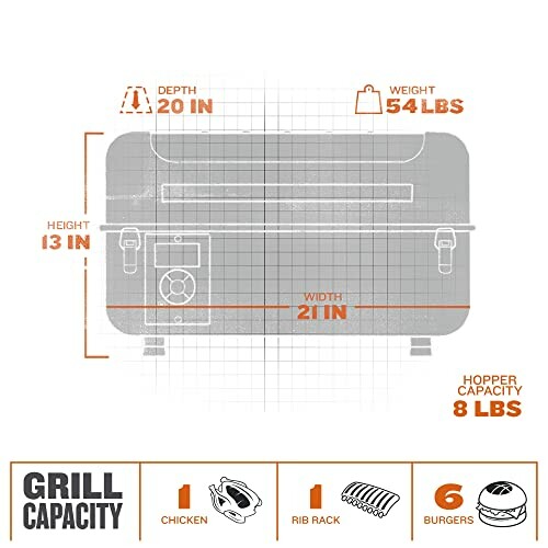 Portable grill dimensions and capacity details.