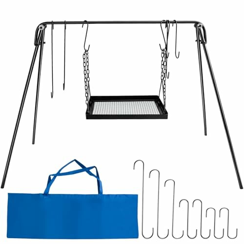 Portable grill stand with hooks and blue carrying bag.