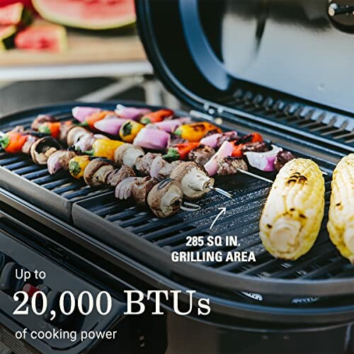 Portable grill with skewers and corn, 285 sq. in. grilling area.