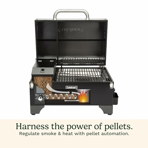 Cuisinart portable pellet grill with open lid and control panel.