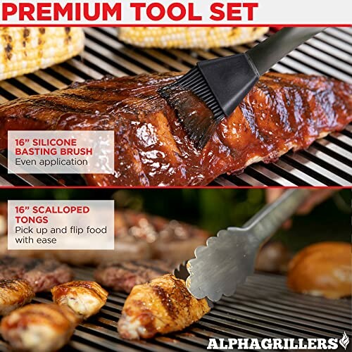 Grilling meat with silicone basting brush and scalloped tongs.